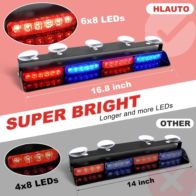 HLauto 6Z4J Emergency Dash Strobe Lights: 2x16.8 inch Red Blue Safety Lights, 48 LED Flashing Warning Hazard Interior Windshield Visor Traffic Light Bar for Trucks, Construction Vehicles - Image 2